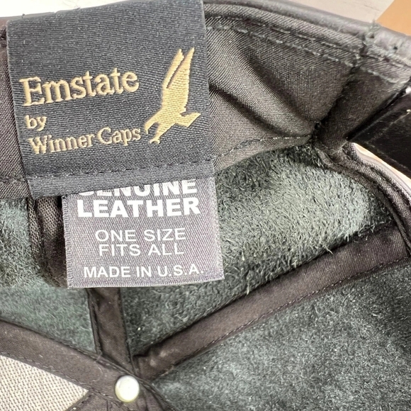Genuine Leather Baseball Hat Cap USA Adjustable Black Emstate By Winner Black!